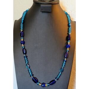 Vintage Multi Shades of Blue Beads Fish Hook Clasp Necklace